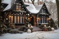 Beautiful wooden house decorated for Christmas and New Year in the snow Royalty Free Stock Photo