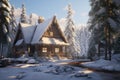 Beautiful wooden log house in the winter forest. Christmas time. A cozy log cabin nestled in a snowy forest with frost-covered Royalty Free Stock Photo