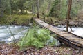 Beautiful wooden pedestrian bridge over a fast mountain river Royalty Free Stock Photo