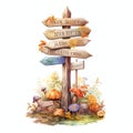 beautiful Wooden signs with autumn-themed messages watercolor clipart illustration