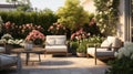 Beautiful wooden terrace with garden furniture surrounded by greenery and flowers Royalty Free Stock Photo