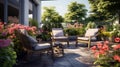 Beautiful wooden terrace with garden furniture surrounded by greenery and flowers Royalty Free Stock Photo