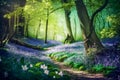 Beautiful woodland bluebell forest in spring. Halle forest during springtime, with bluebells carpet. generative AI Royalty Free Stock Photo