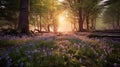 Beautiful woodland bluebell forest in spring. Purple and pink flowers under tree canopys with sunrise at dawn. Scenic forest