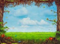 Beautiful Woodland Scene With Trees , Grass, Butterflies And Clouds