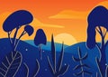 Saturated orange, yellow and blue forest sunset with clouds, bushes and trees on hills. Colourful vector 2d illustration