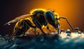 Beautiful worker bee in the golden light. Honey insect on the surface with water drops. Close up. Generative AI