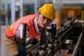 Beautiful worker or technician woman look forward through rail of some machine in factory work