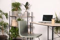 Beautiful workplace with laptop on wooden table, chair and houseplants in room