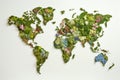 Beautiful world map composed of various flowers plants, and greenery on white background, showcasing global biodiversity