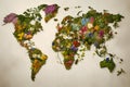 Beautiful world map composed of various flowers plants, and greenery on white background, showcasing global biodiversity