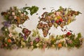 Beautiful world map composed of various flowers plants, and greenery on white background, showcasing global biodiversity