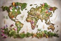 Beautiful world map composed of various flowers plants, and greenery on white background, showcasing global biodiversity