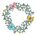 Beautiful wreath from branches of christmas tree with bows and stars in hand drawn style. Vector illustration