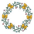 Beautiful wreath from branches of christmas tree with bows and stars in hand drawn style. Vector illustration