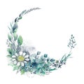 Beautiful wreath of hand drawn watercolor herbs and wildflowers.