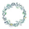 Beautiful wreath of hand drawn watercolor herbs and wildflowers.