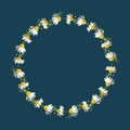 Beautiful wreath of small field daisies on a classic blue background.