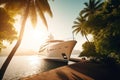 Beautiful yacht at the pier against the backdrop of tropical island with palms at sunset in the evening sky. Created with