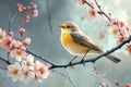 Beautiful yellow bird resting on a branch of a blossoming cherry tree in spring Royalty Free Stock Photo