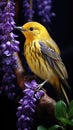 Beautiful yellow bird warbler on a purple flowering tree