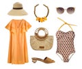 Beautiful yellow brown clothes set. Vocation style garment. Women`s clothing summer collection isolated. Female apparel