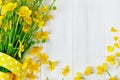 Beautiful yellow Buttercup bouquet lying on white wooden boards.