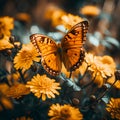 A beautiful yellow butterfly flying over yellow flowers Royalty Free Stock Photo