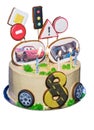 Beautiful yellow cake with gingerbread in the form of cars and road signs isolate on a white background