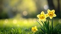 Two Yellow Daffodils Bloom in a Field of Green Grass on a Sunny Spring Day Royalty Free Stock Photo