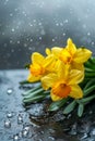 Beautiful Yellow Daffodils with Water Droplets on Dark Background Fresh Spring Flowers in Rainy Weather Close Up Image Royalty Free Stock Photo