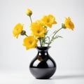 Beautiful yellow flowers in luxury black vase, elegant. Isolated on white background.