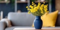 beautiful yellow flowers in slim thin blue ceramic vase generative AI