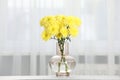 Beautiful yellow flowers in vase on table at home, space for text Royalty Free Stock Photo