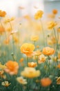 Beautiful yellow poppies in the meadow. Soft focus.