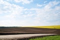 Beautiful yellow rapeseed field landscape with dirt road. Countryside village rural natural background . Green and yellow plants Royalty Free Stock Photo