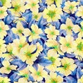 Beautiful yellow rose hip flowers with blue leaves in seamless pattern. Colorful floral background. Watercolor painting.