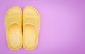 Beautiful yellow sandal on pink pastel background with copy space