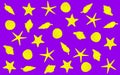 Yellow seashells and starfishes on a purple background