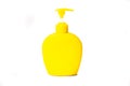 Beautiful yellow spray bottle for soap or shampoo completely the same color for advertising