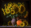 beautiful yellow Sunflower still life bouquet in a clay jug ceramic rustic style oil honey Dark photo background wooden table Royalty Free Stock Photo