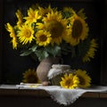 beautiful yellow Sunflower still life bouquet in a clay jug ceramic rustic style oil honey Dark photo background wooden table Royalty Free Stock Photo