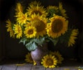 beautiful yellow Sunflower still life bouquet in a clay jug ceramic rustic style oil honey Dark photo background wooden table Royalty Free Stock Photo