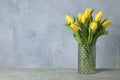 Beautiful yellow tulips in a glass vase on gray background for Mother`s Day Royalty Free Stock Photo