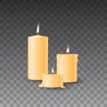 Beautiful yellow vector set of realistic burning candles on transparent background Royalty Free Stock Photo