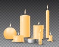 Beautiful yellow vector set of realistic burning candles on transparent background Royalty Free Stock Photo