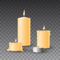 Beautiful yellow vector set of realistic burning candles on transparent background Royalty Free Stock Photo