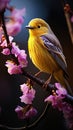 Beautiful Yellow Warbler Perched In Contrasting Vivid purple Flowering Shrub