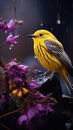 Beautiful Yellow Warbler In A Purple Flowering Tree Blurry Background