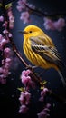 Beautiful Yellow Warbler In A Purple Flowering Tree Blurry Background